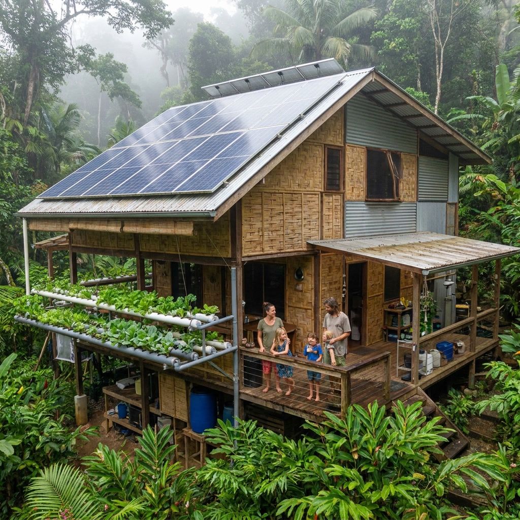 Bamboo stilt house with solar on a thatched roof and vertical hydroponics