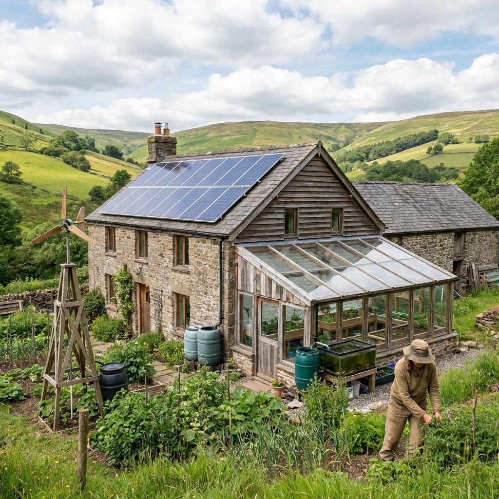 Family homestead in the fog with roof solar and NFT hydroponics