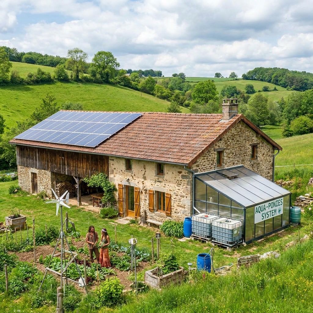 Timber cottage with lean-to greenhouse, pond and raised beds