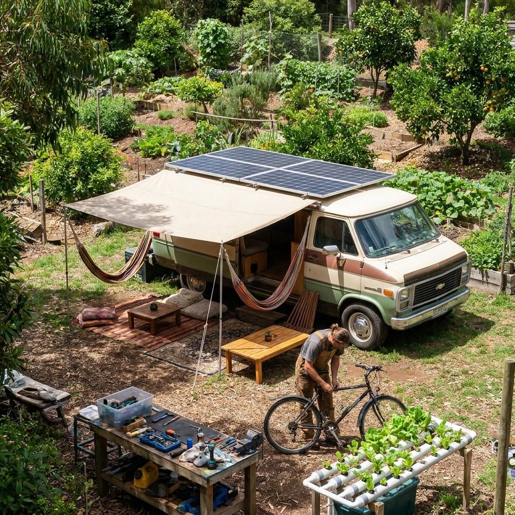 Ground-mounted array beside a cob house and a natural swimming pond