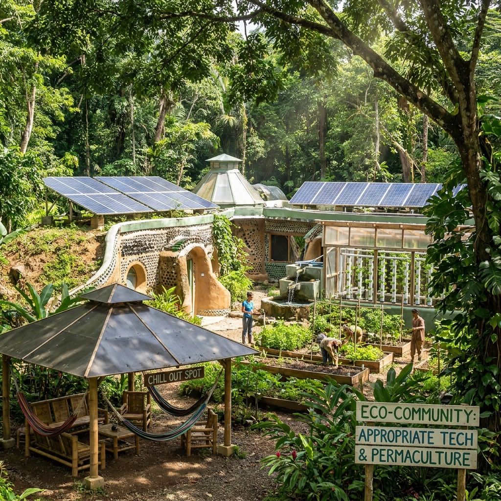 Earthship-style community build with several solar arrays and greenhouse