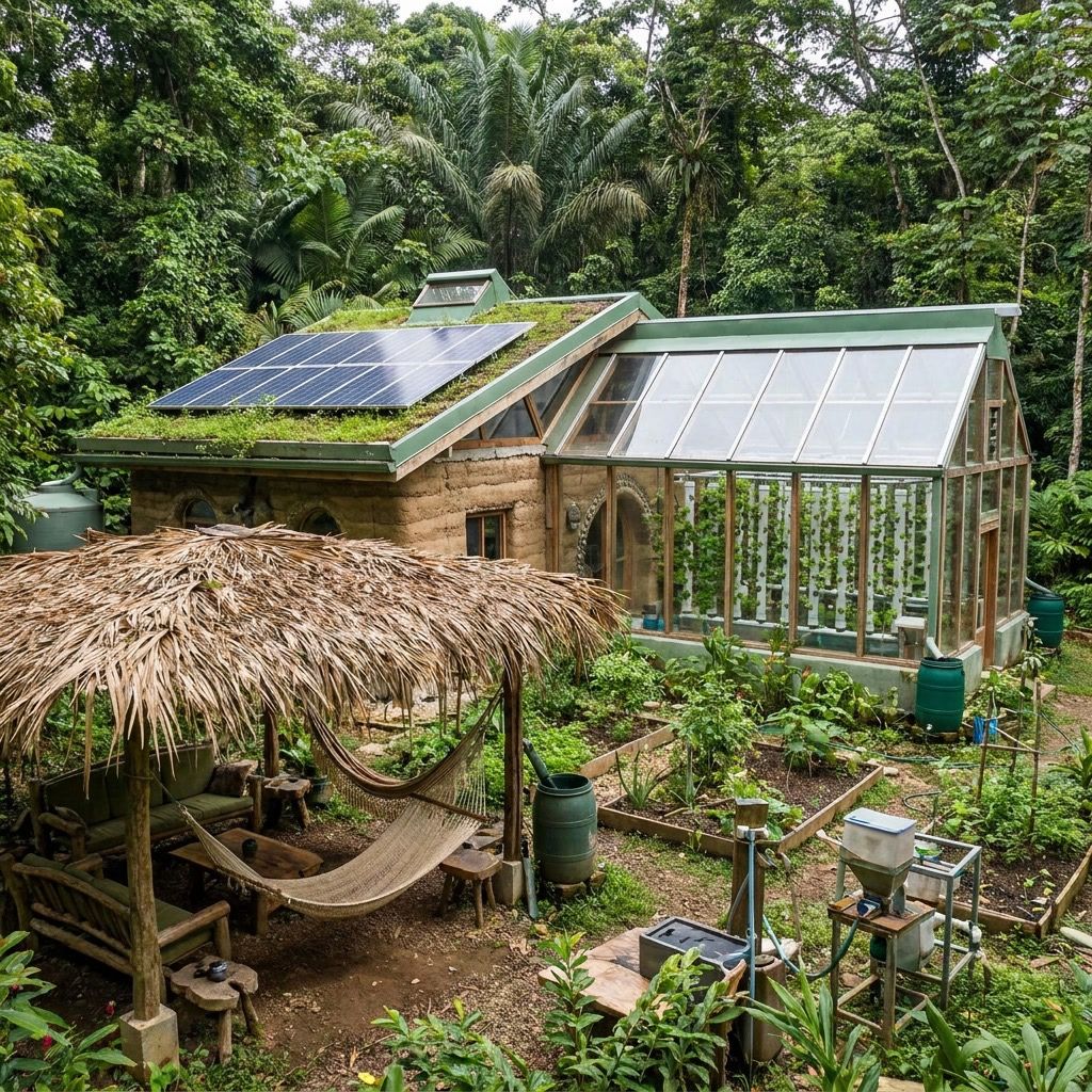 Timber cabin in the jungle with solar, wind and hydroponic racks
