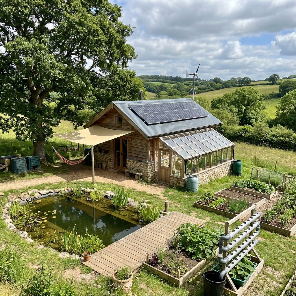Stone farmhouse with roof solar, wind turbine and an aquaponics greenhouse
