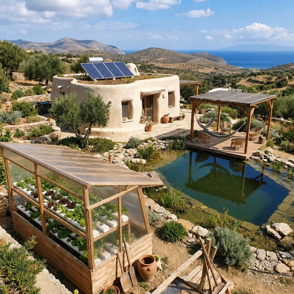 Upland stone farmhouse with roof solar, wind pump and aquaponics greenhouse