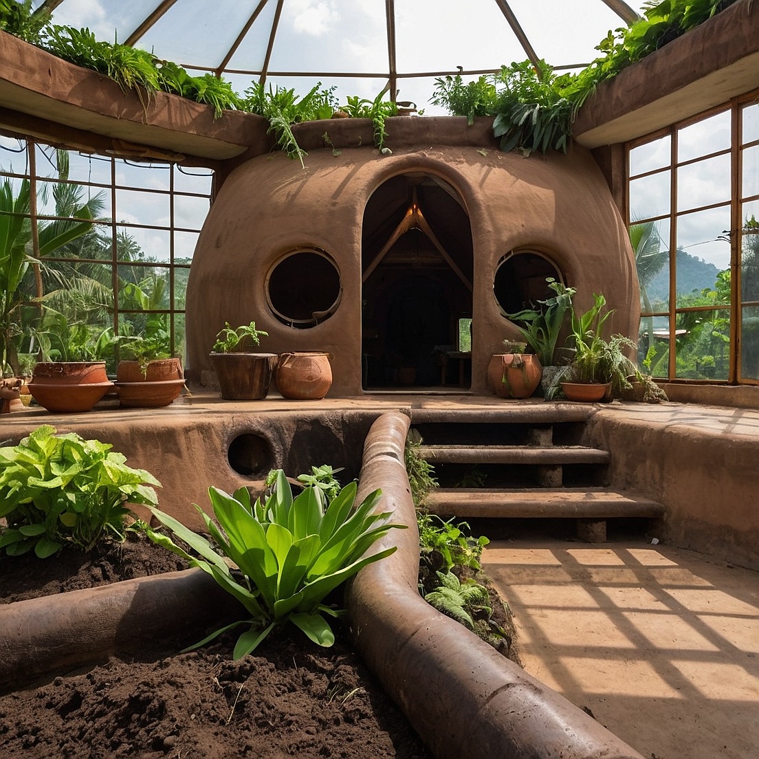Earth dome inside a glazed dome greenhouse with growing beds