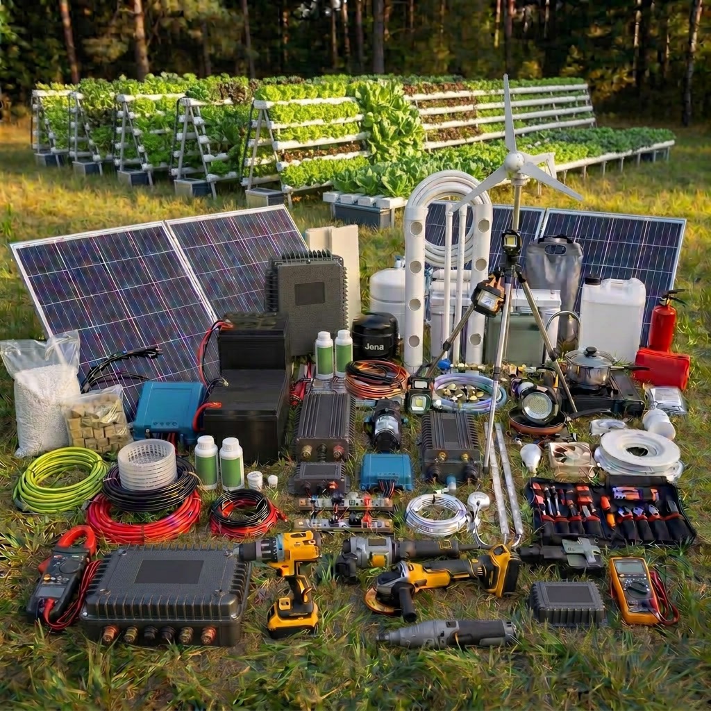 Every part of an off-grid kit laid out on the grass: panels, batteries, inverters, controllers, pumps, filters, cable and tools